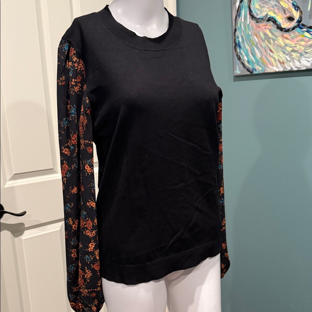 Daniel Rainn Black Blouse with Floral Patterned Sleeves